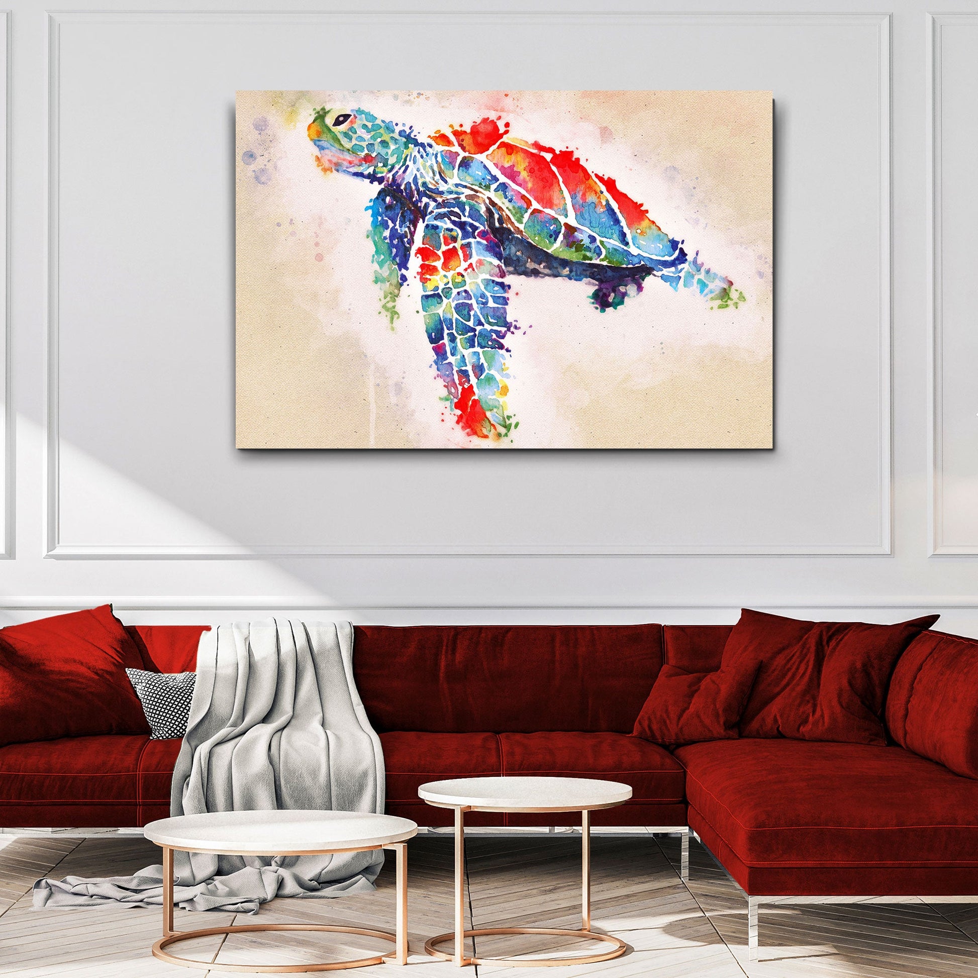 Watercolor sea turtle over coral reef canvas wall art
