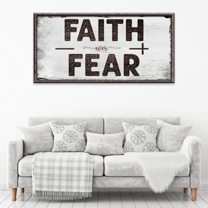Faith Over Fear rustic word-art canvas sign ready to hang