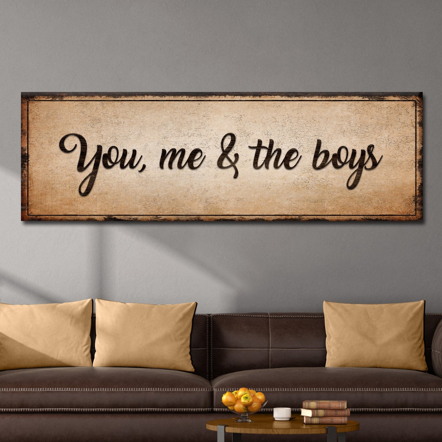 You Me and the Boys living room canvas wall art in vertical format with farmhouse lettering