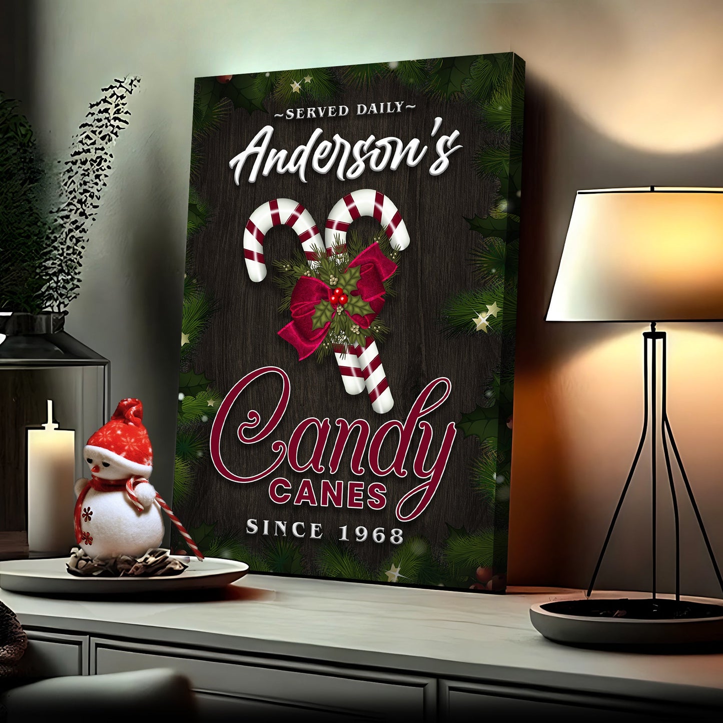 Served Daily Candy Canes decorative canvas sign with festive holiday candy cane motif and vibrant colors