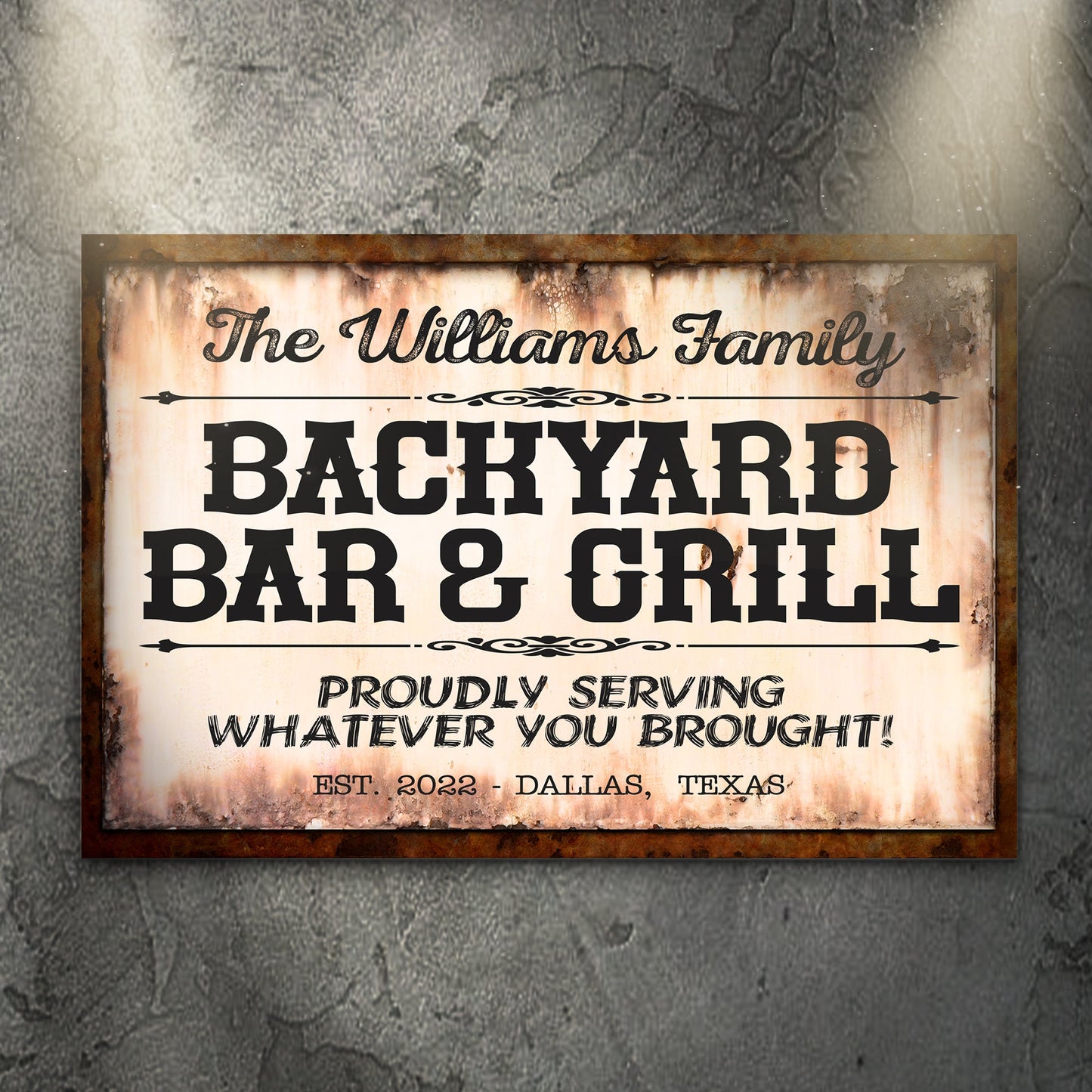 Personalized Backyard Bar And Grill rustic canvas sign with family name