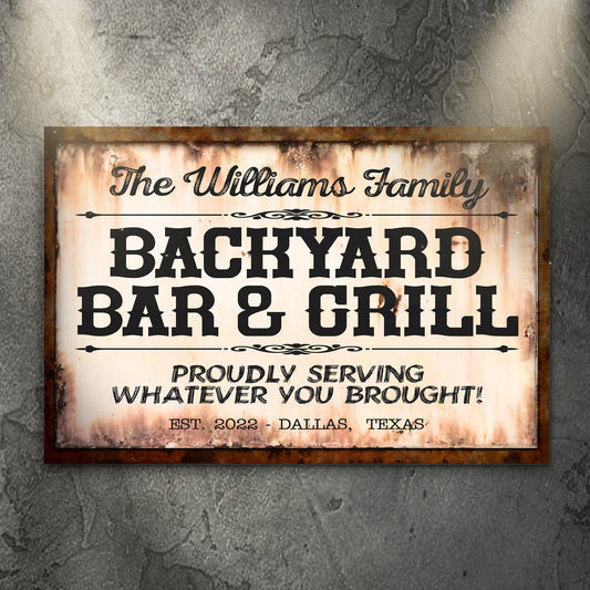 Personalized Backyard Bar And Grill rustic canvas sign with family name