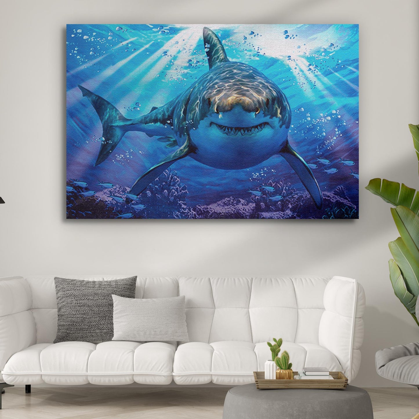 Great white shark underwater canvas wall art - bold ocean wildlife decor
