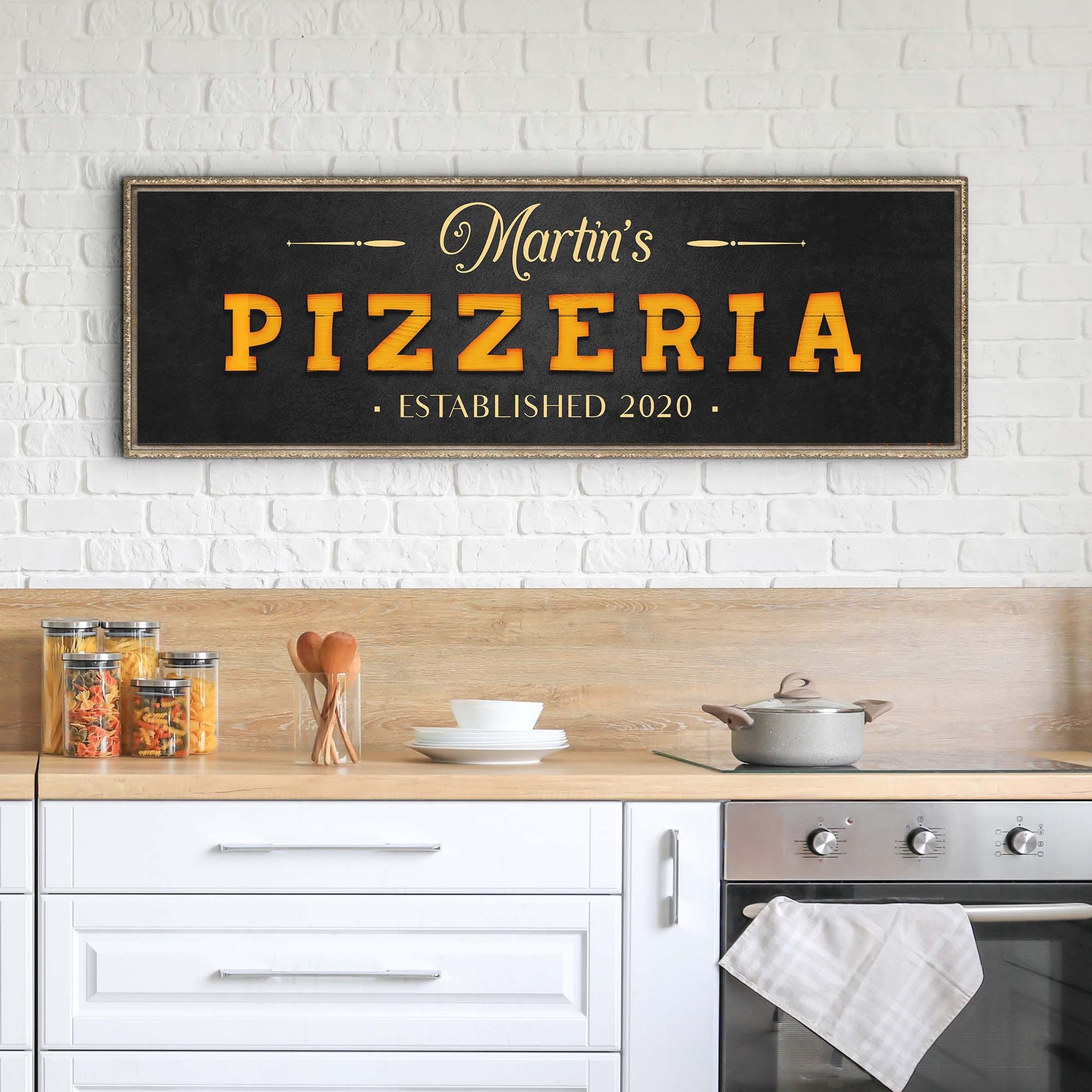Wood pizzeria canvas sign with rustic vintage typography, kitchen dining wall decor
