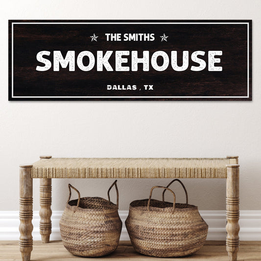 Personalized smokehouse canvas sign with family name and BBQ design