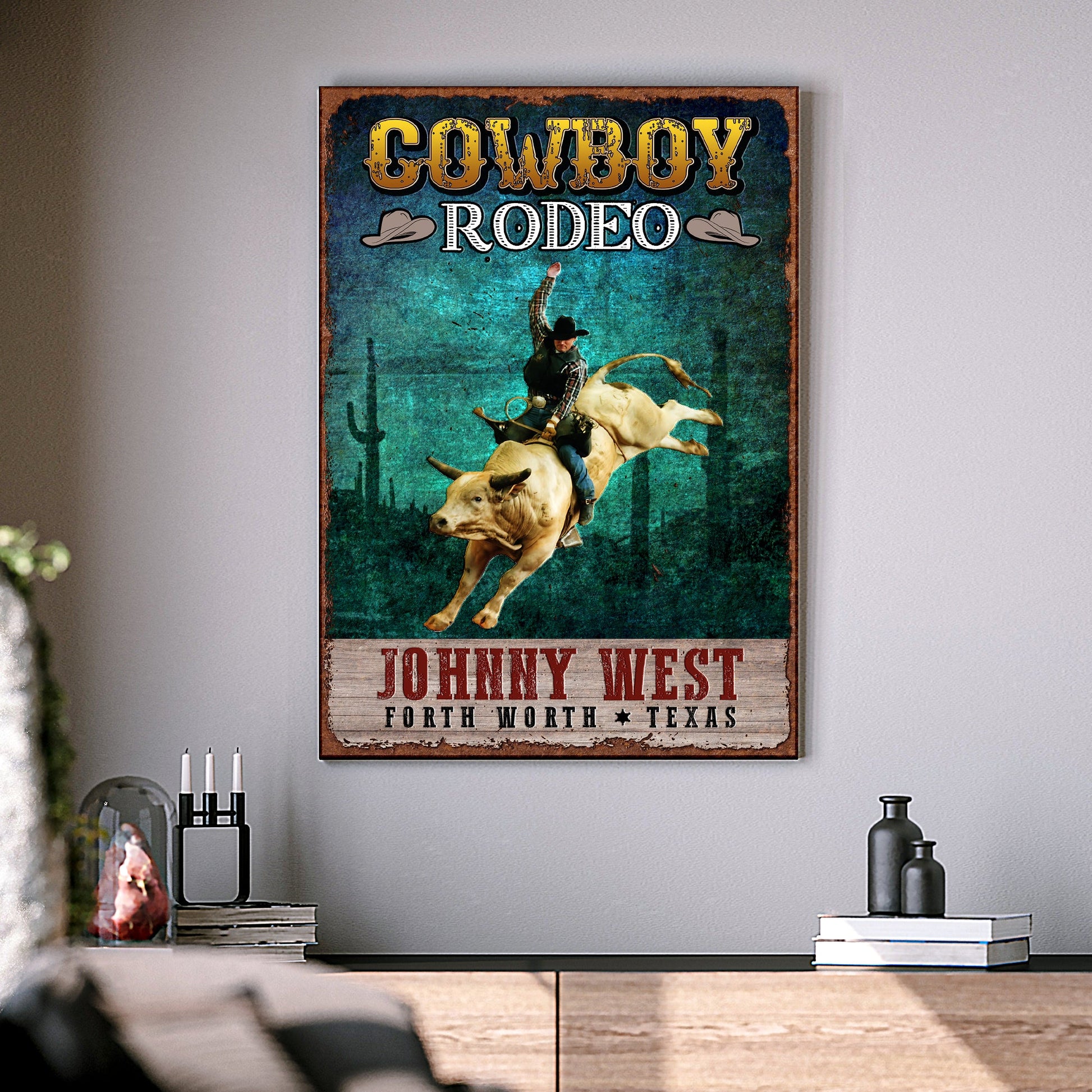 Cowboy rodeo show western canvas wall art bold typography and arena design