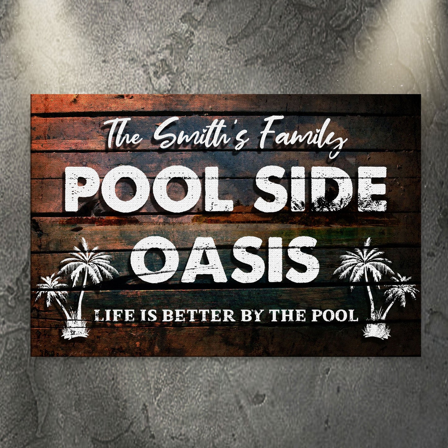 Poolside Oasis personalized patio canvas sign with family name in rustic word art