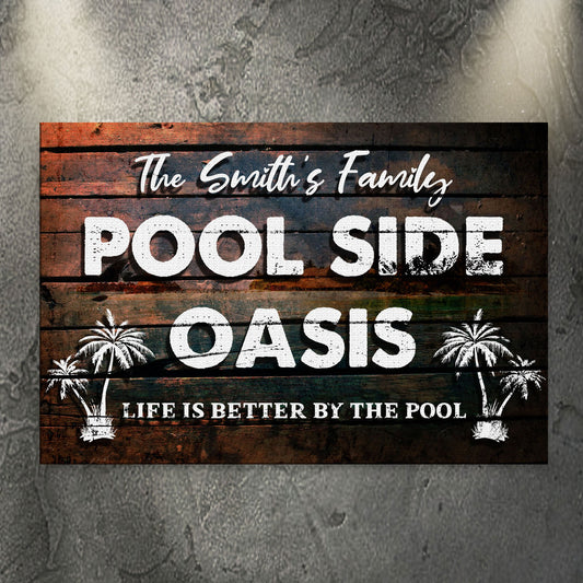 Poolside Oasis personalized patio canvas sign with family name in rustic word art