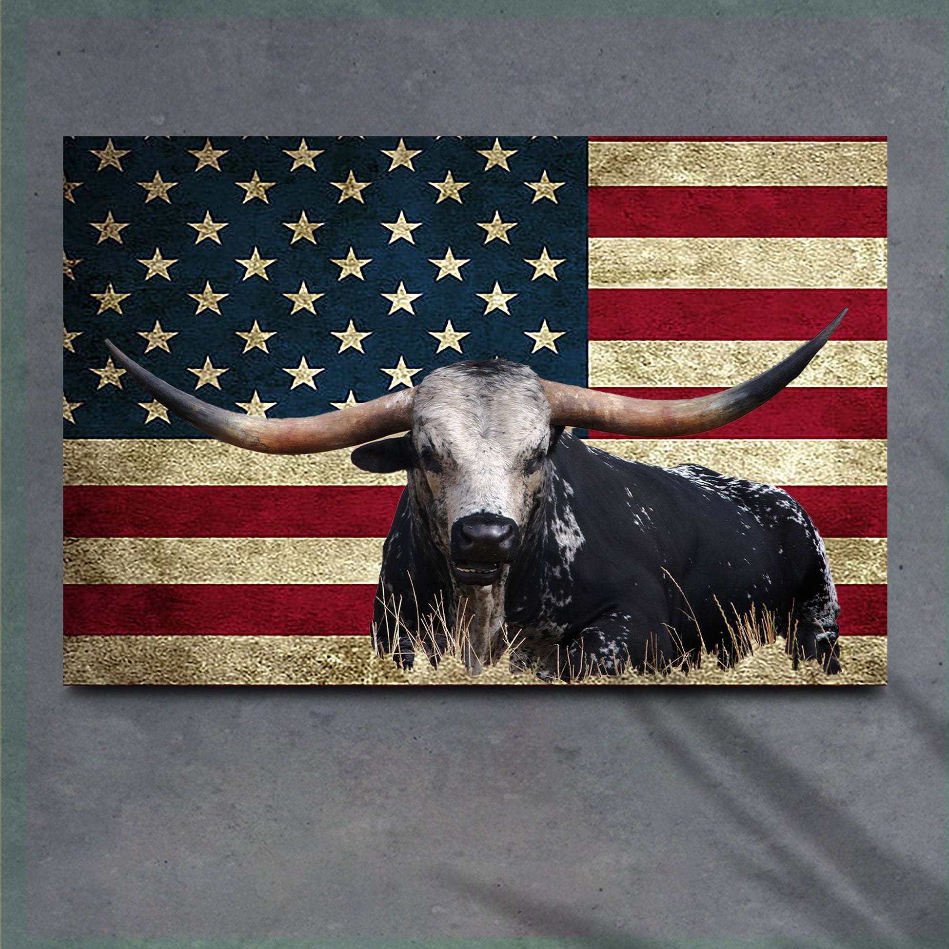 Longhorn cattle American flag canvas wall art — Western Americana decor, gallery-wrapped