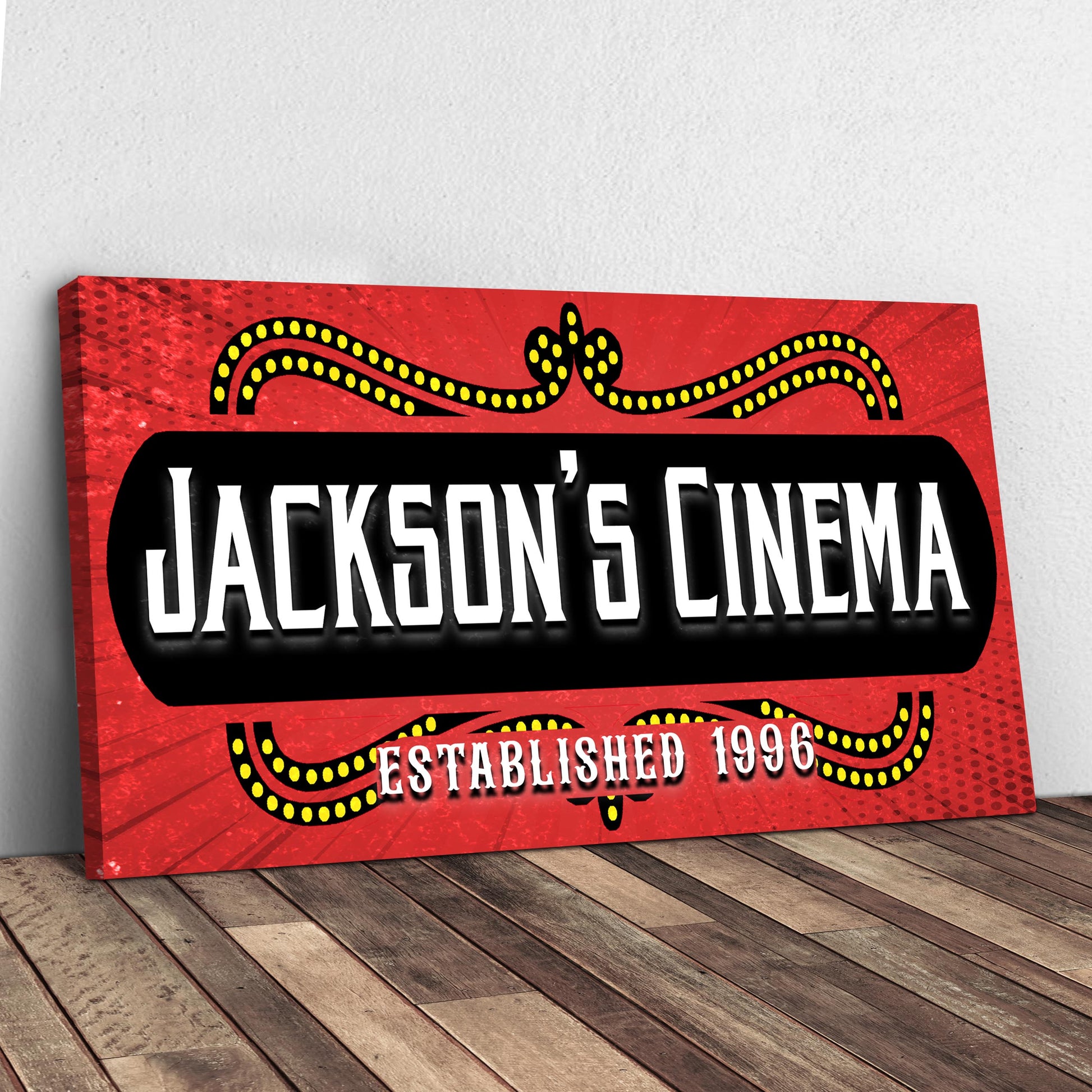 Family cinema home theater canvas wall art sign with vintage movie night imagery