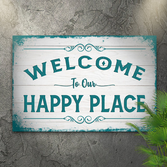 Welcome to our happy place personalized canvas sign with rustic word-art family name design