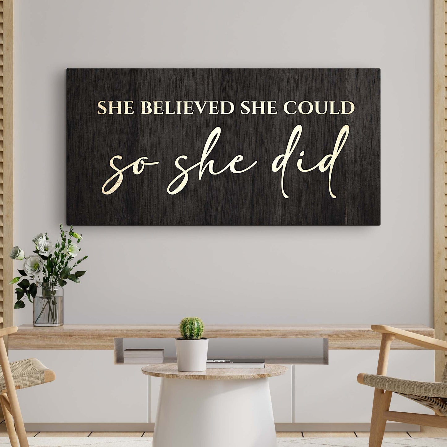 She Believed She Could So She Did motivational canvas wall art with empowering bold text design