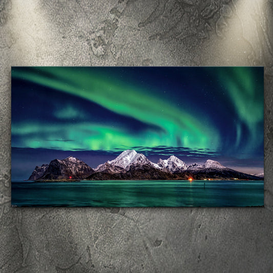Green and violet northern lights reflected on a calm lake at night, canvas wall art