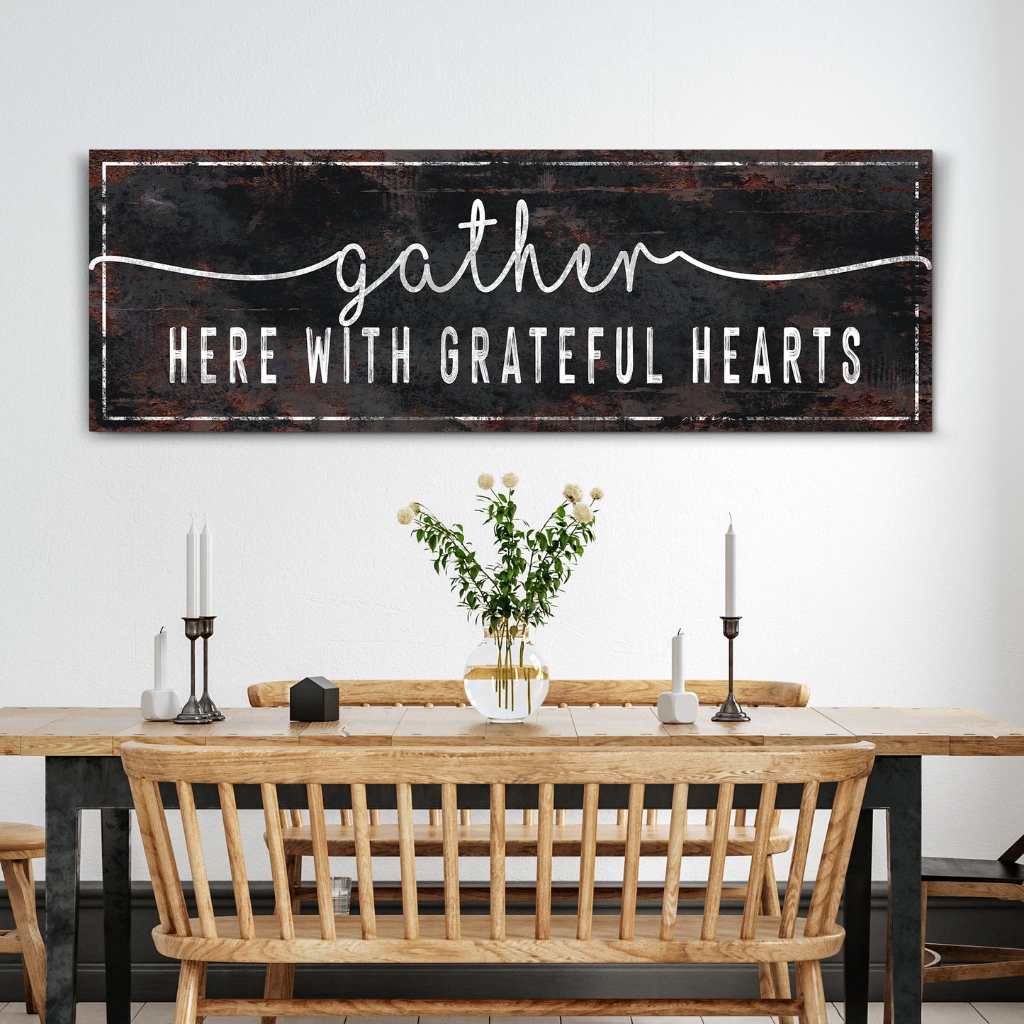 Gather Here With Grateful Hearts canvas sign with elegant lettering, gallery-wrapped