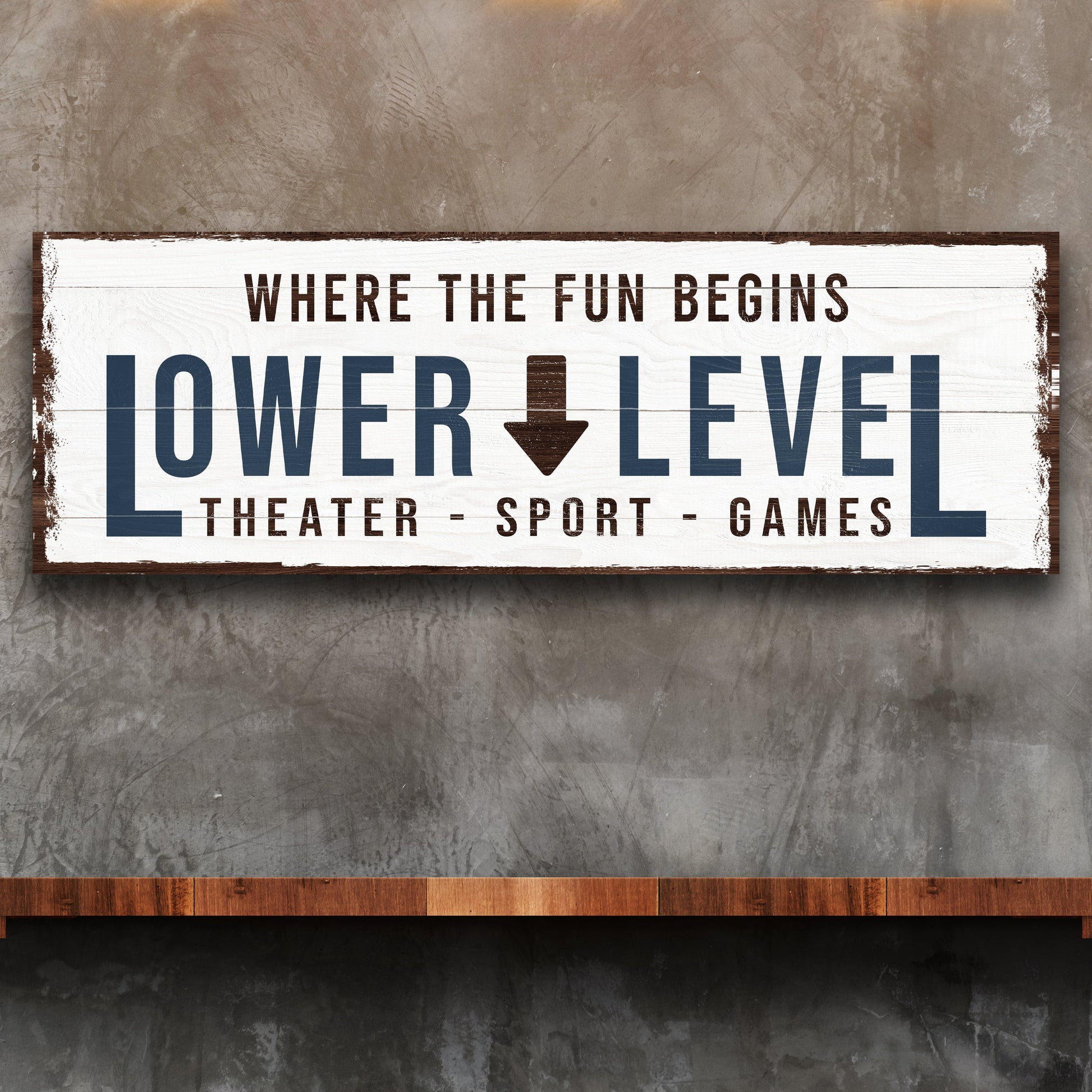 Lower Level personalized rustic word-art canvas sign hanging on a wall