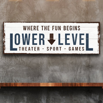 Lower Level personalized rustic word-art canvas sign hanging on a wall