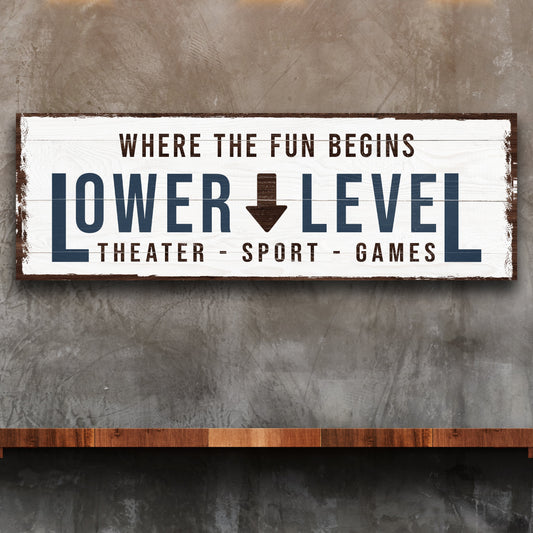 Lower Level personalized rustic word-art canvas sign hanging on a wall