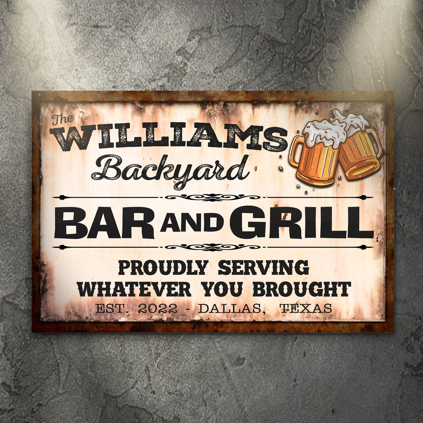 Backyard Bar And Grill rustic word-art canvas sign for a patio kitchen