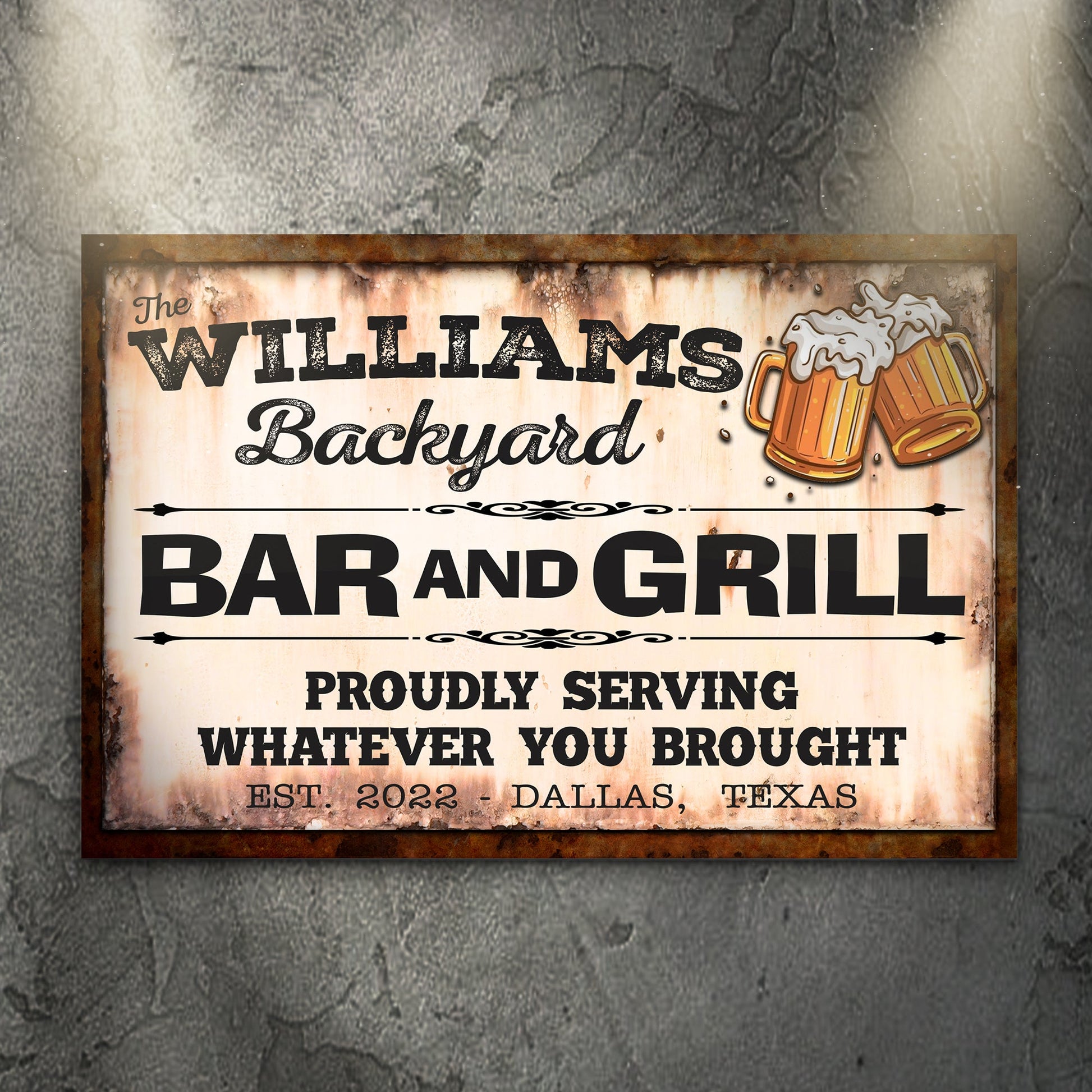 Backyard Bar And Grill rustic word-art canvas sign for a patio kitchen
