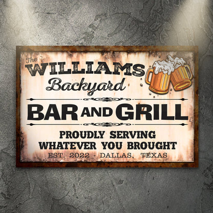 Backyard Bar And Grill rustic word-art canvas sign for a patio kitchen