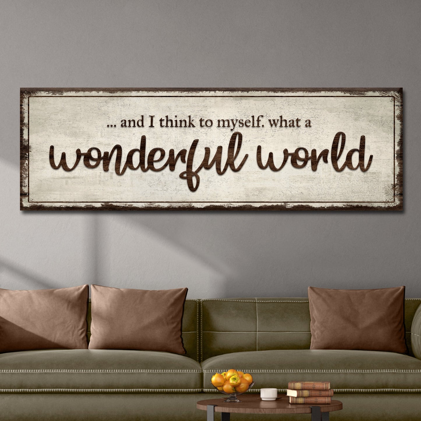What A Wonderful World motivational canvas sign with warm expressive lettering