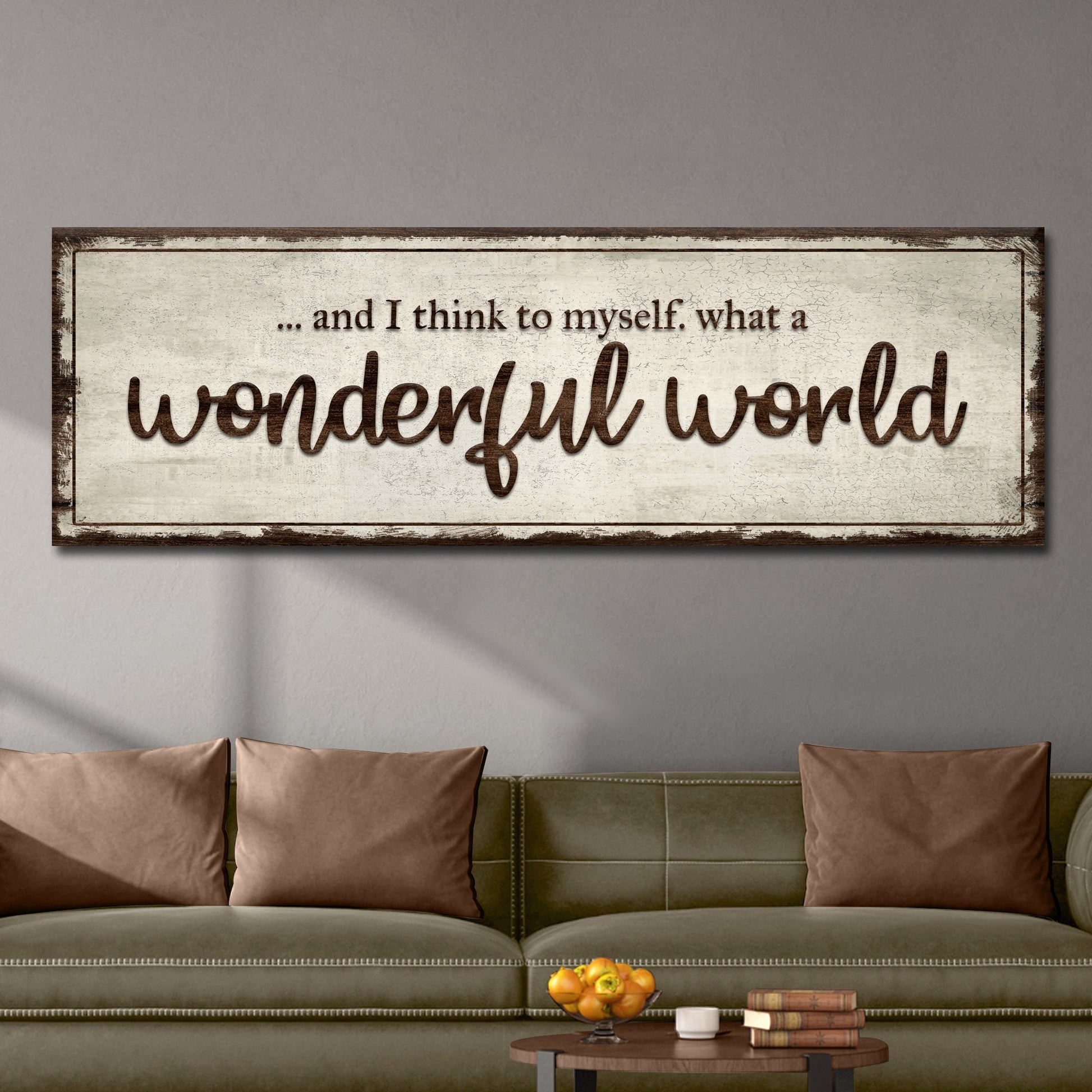 What A Wonderful World motivational canvas sign with warm expressive lettering