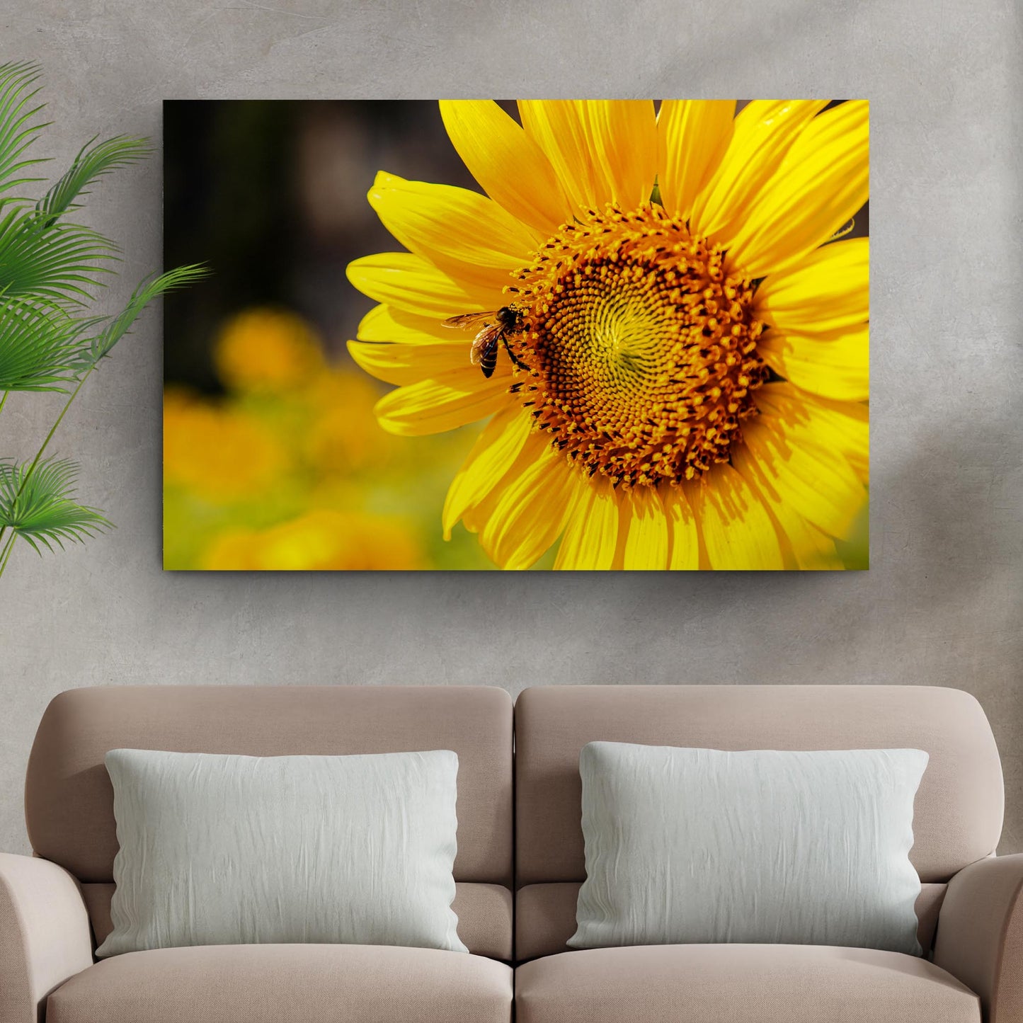 Bee on sunflower with vibrant yellow petals — nature canvas wall art