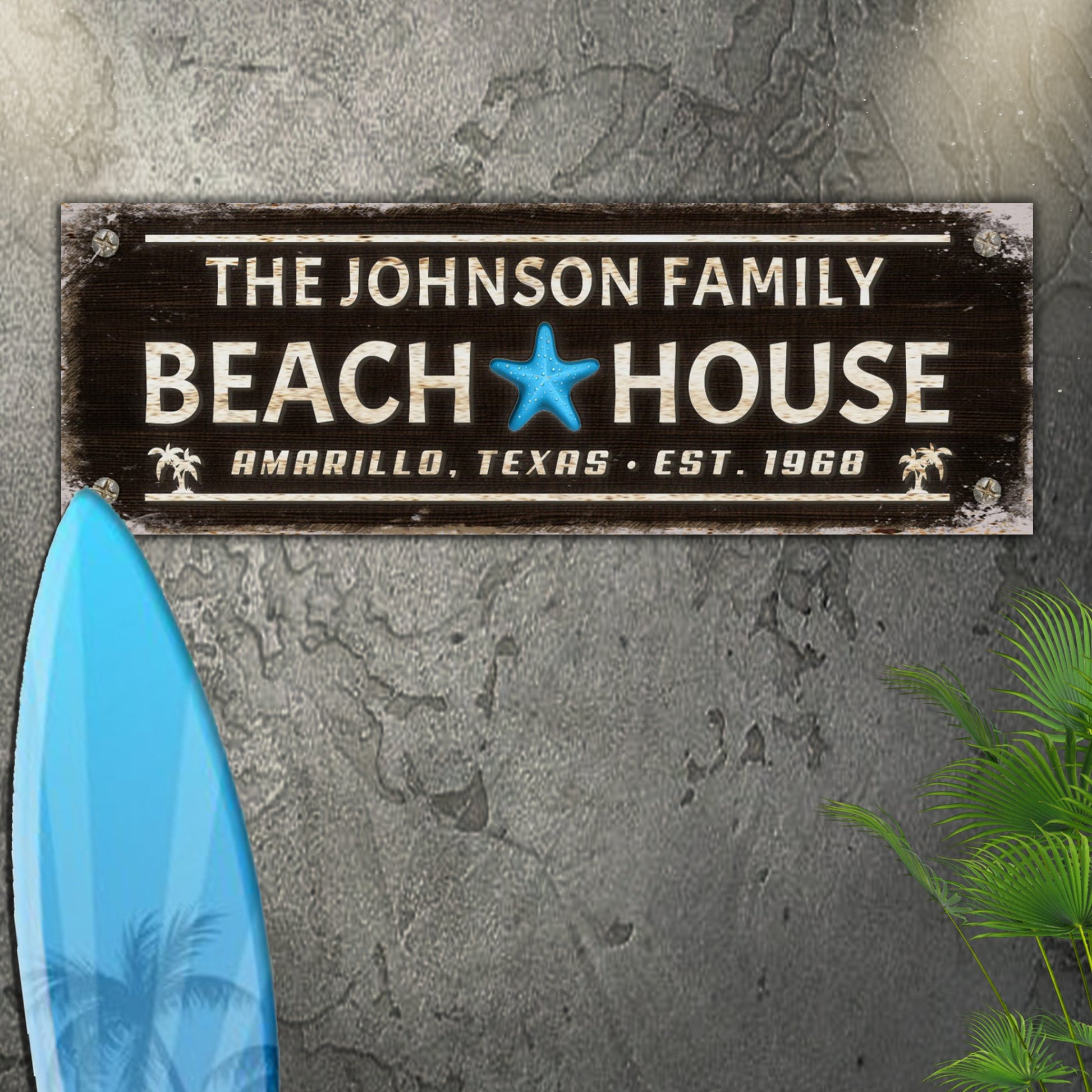 Personalized family beach house canvas sign with rustic coastal word-art design