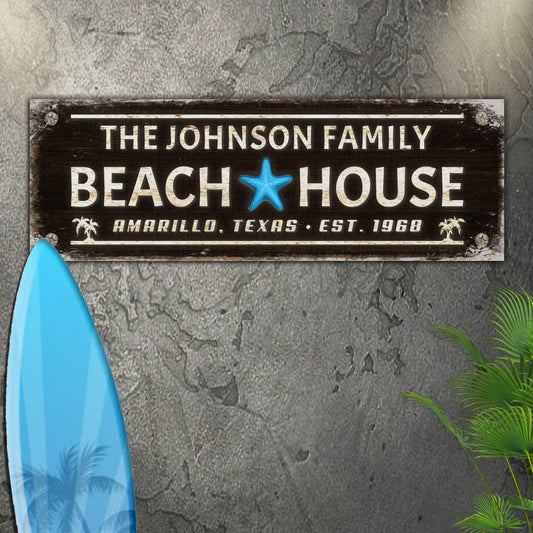 Personalized family beach house canvas sign with rustic coastal word-art design