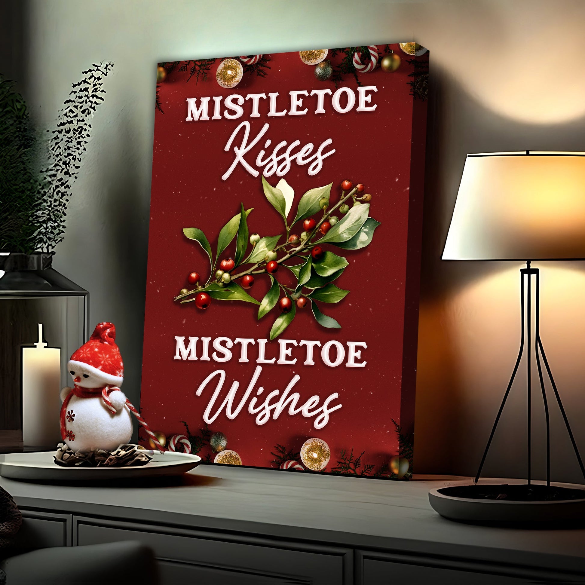 Kisses and Wishes Mistletoe Christmas canvas art - gallery wrapped UV-resistant ink made in USA