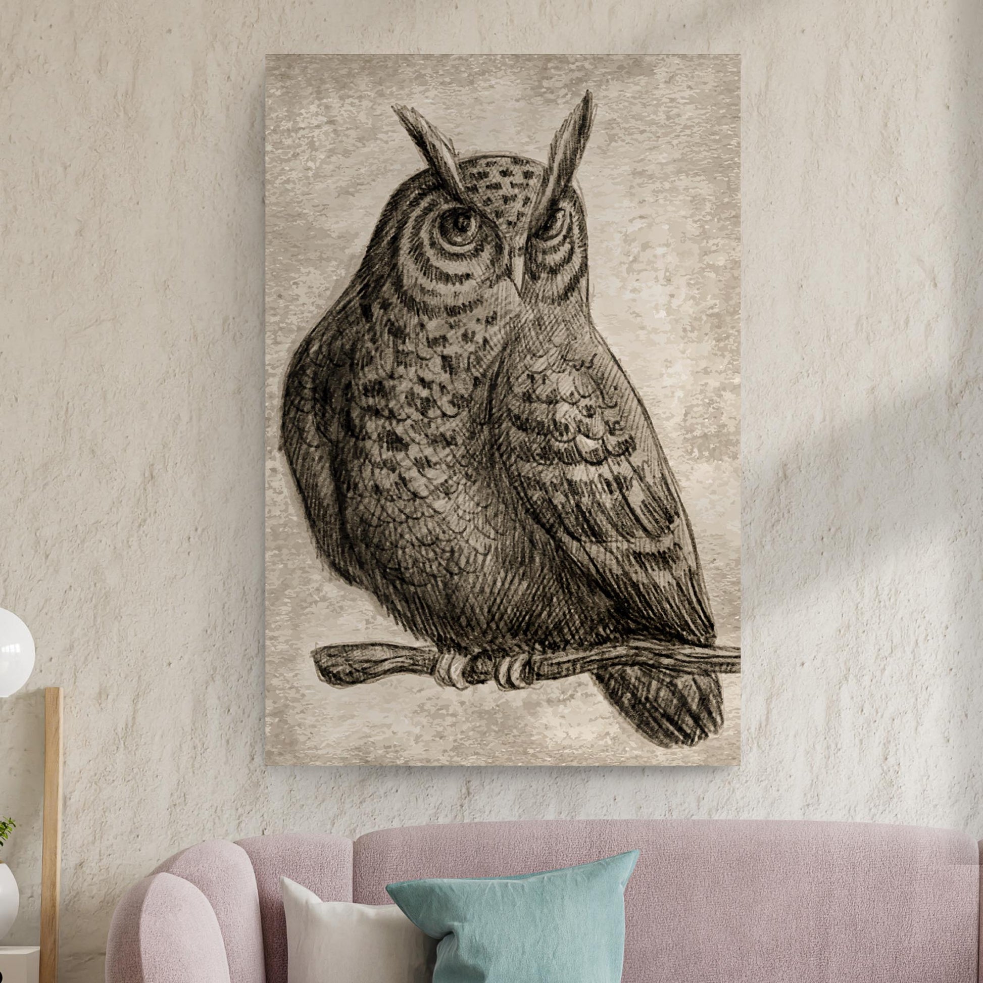 Owl pencil sketch portrait canvas wall art with vibrant blue background