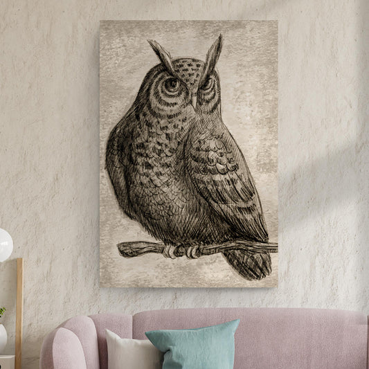 Owl pencil sketch portrait canvas wall art with vibrant blue background