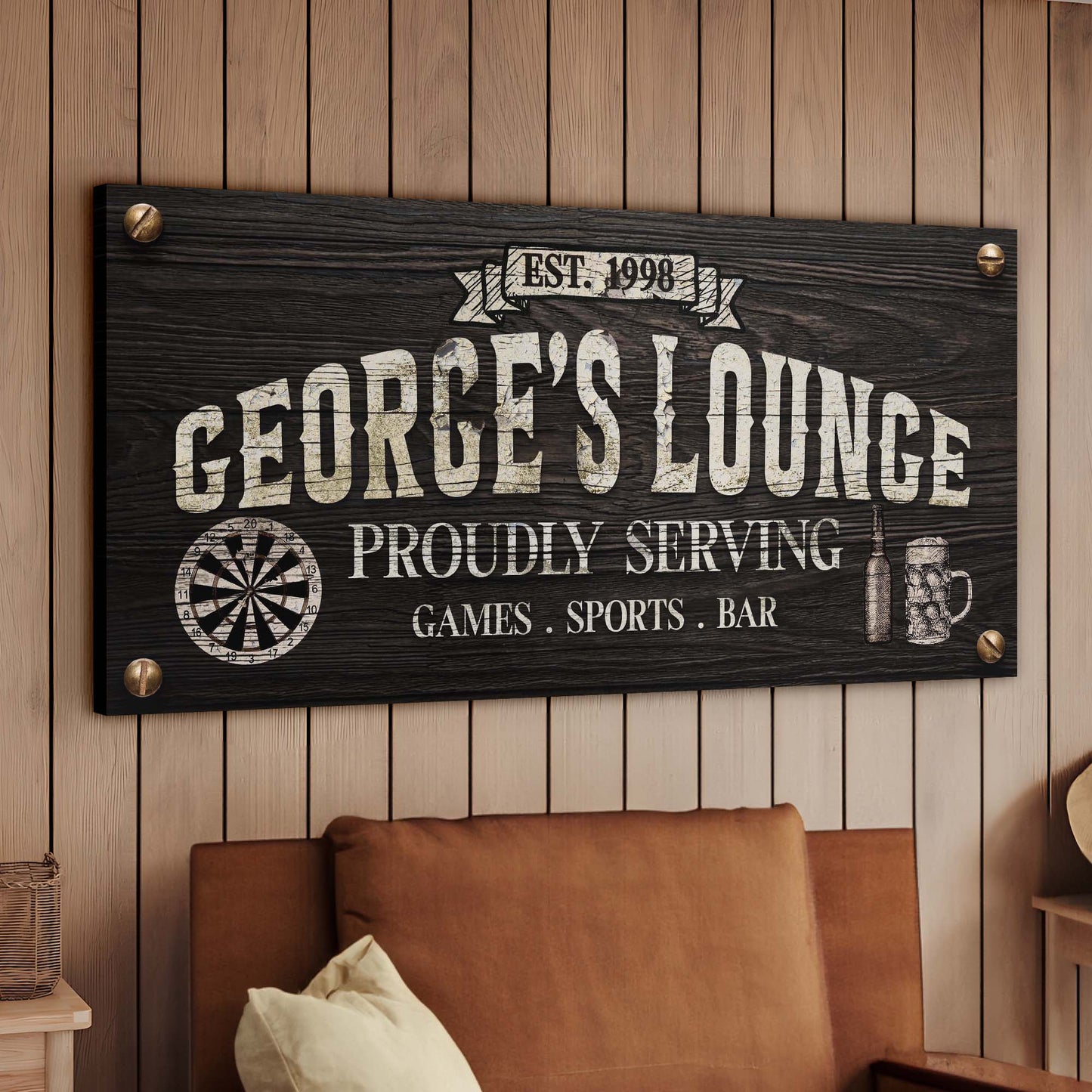Proudly Serving lounge canvas wall art — home bar entertainment room decor