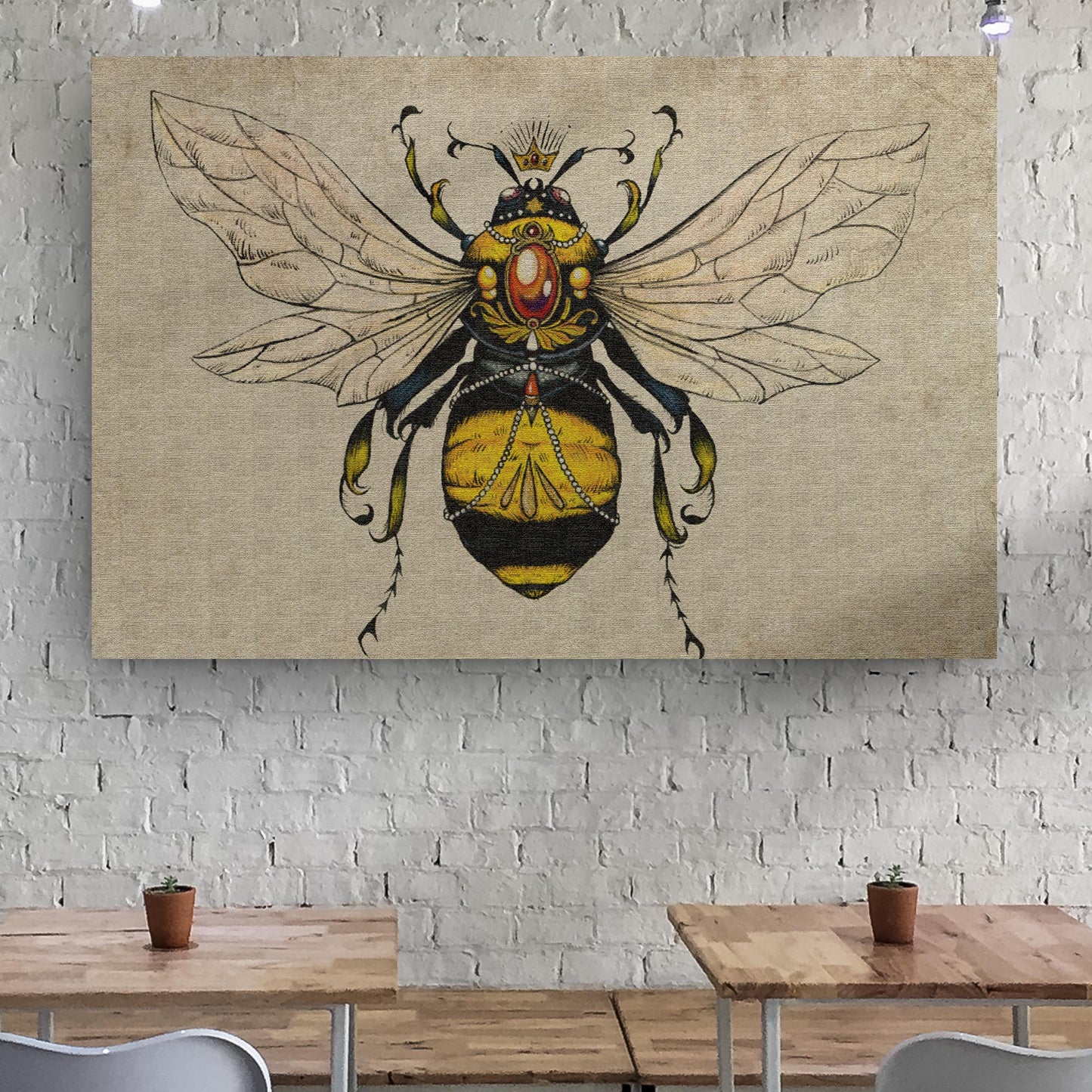 Vintage queen bee canvas wall art with vibrant honeybee nature artwork