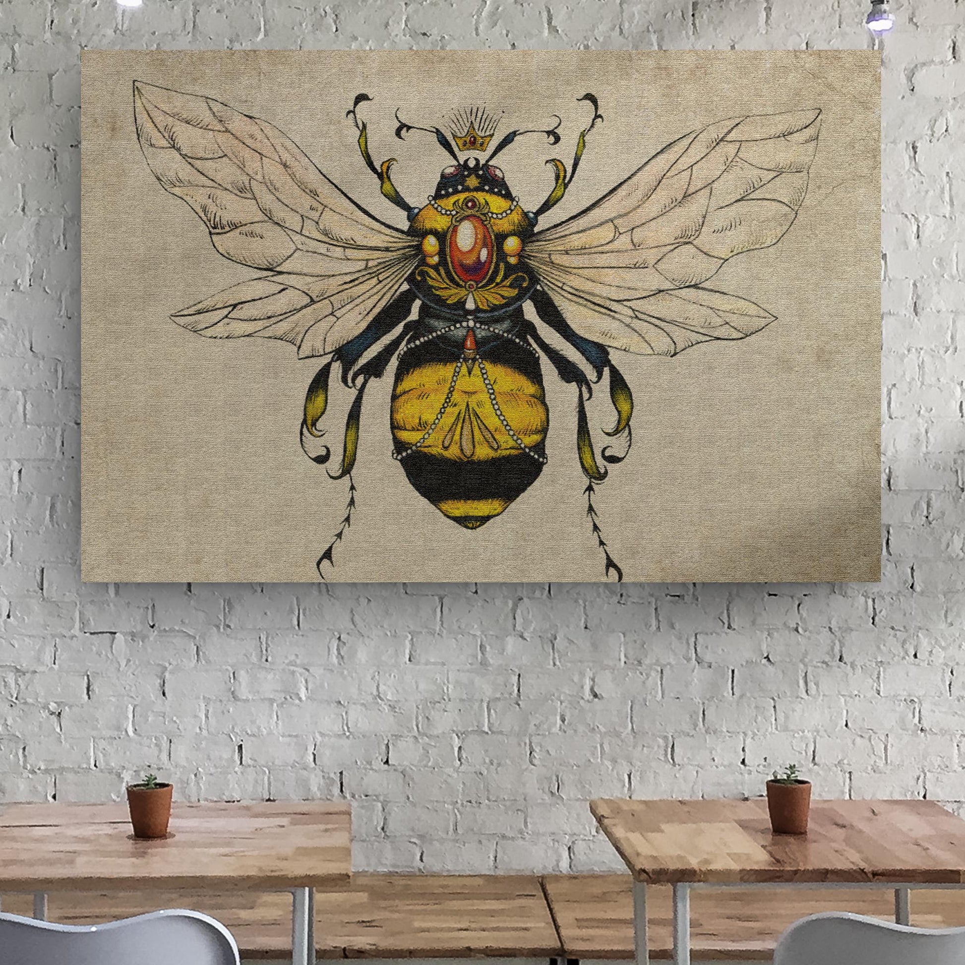 Vintage queen bee canvas wall art with vibrant honeybee nature artwork