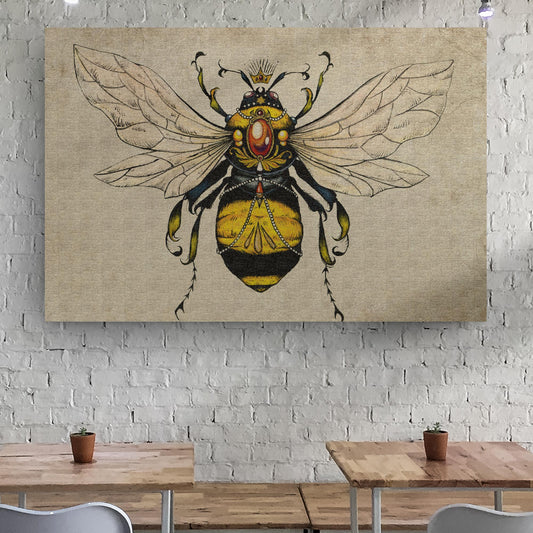 Vintage queen bee canvas wall art with vibrant honeybee nature artwork