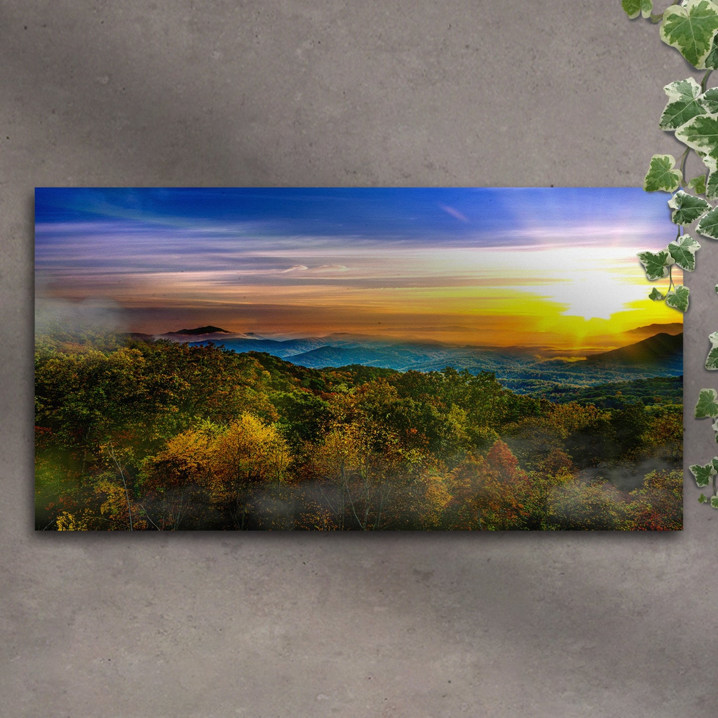 Foggy layered mountain ridges at sunrise with soft morning light, canvas wall art