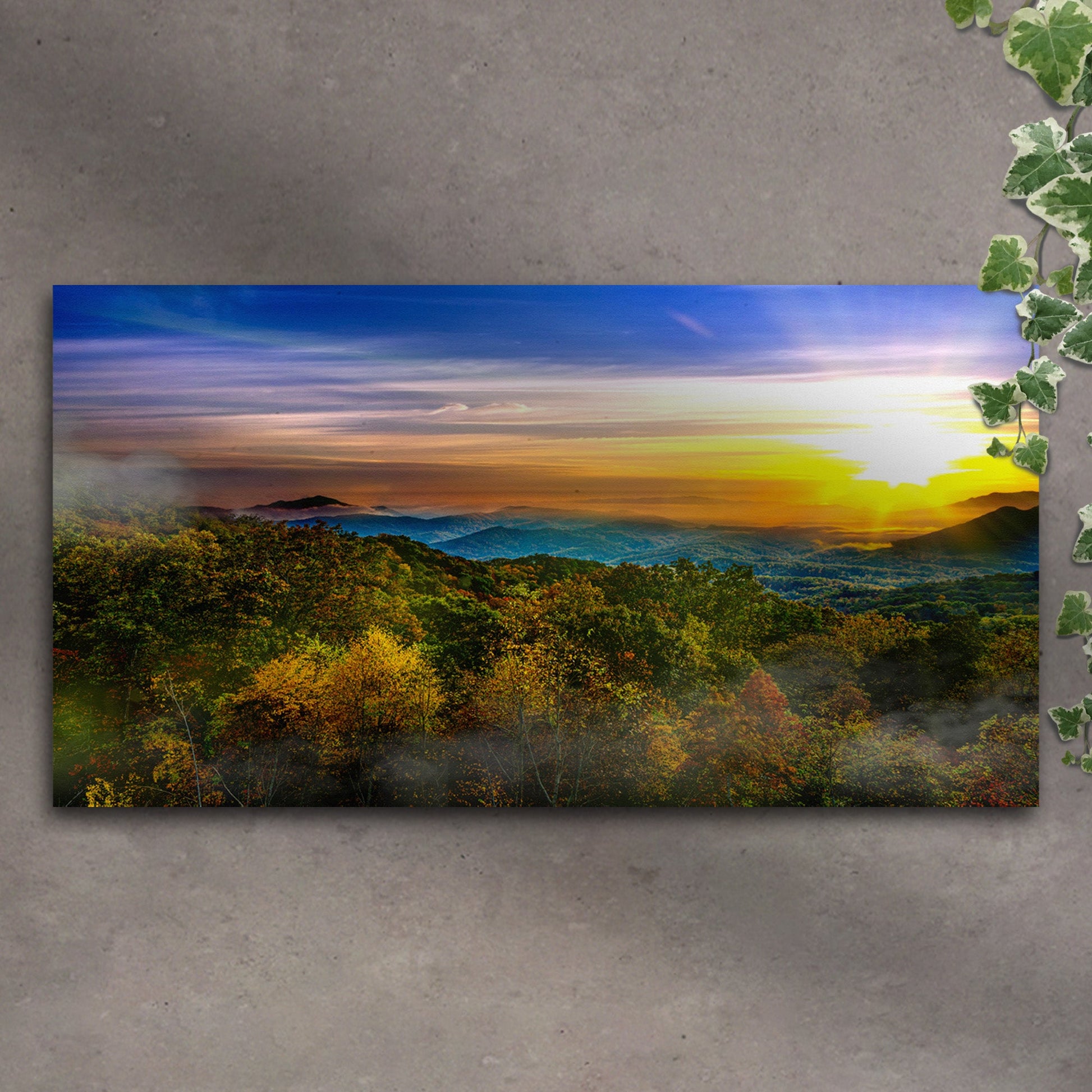 Foggy layered mountain ridges at sunrise with soft morning light, canvas wall art