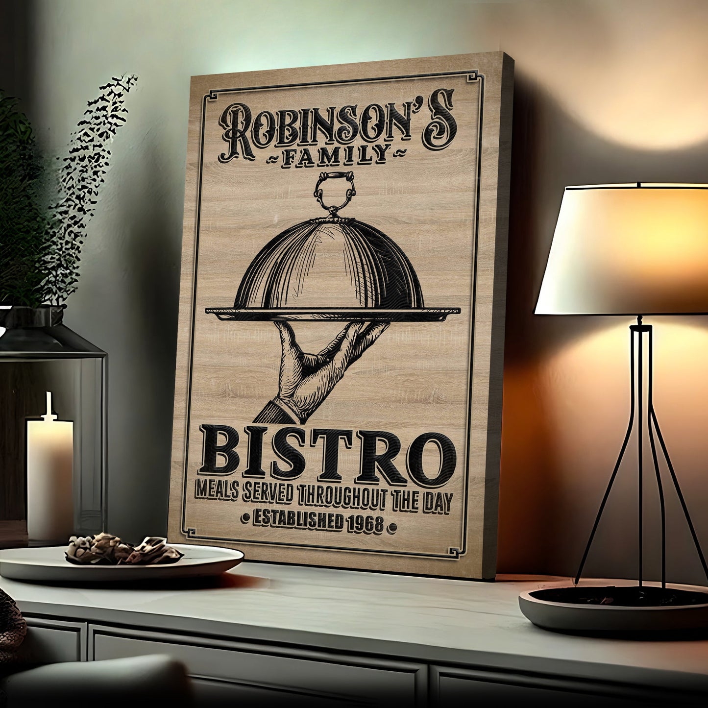 Family bistro canvas wall art sign with vintage-style typography and dining scene