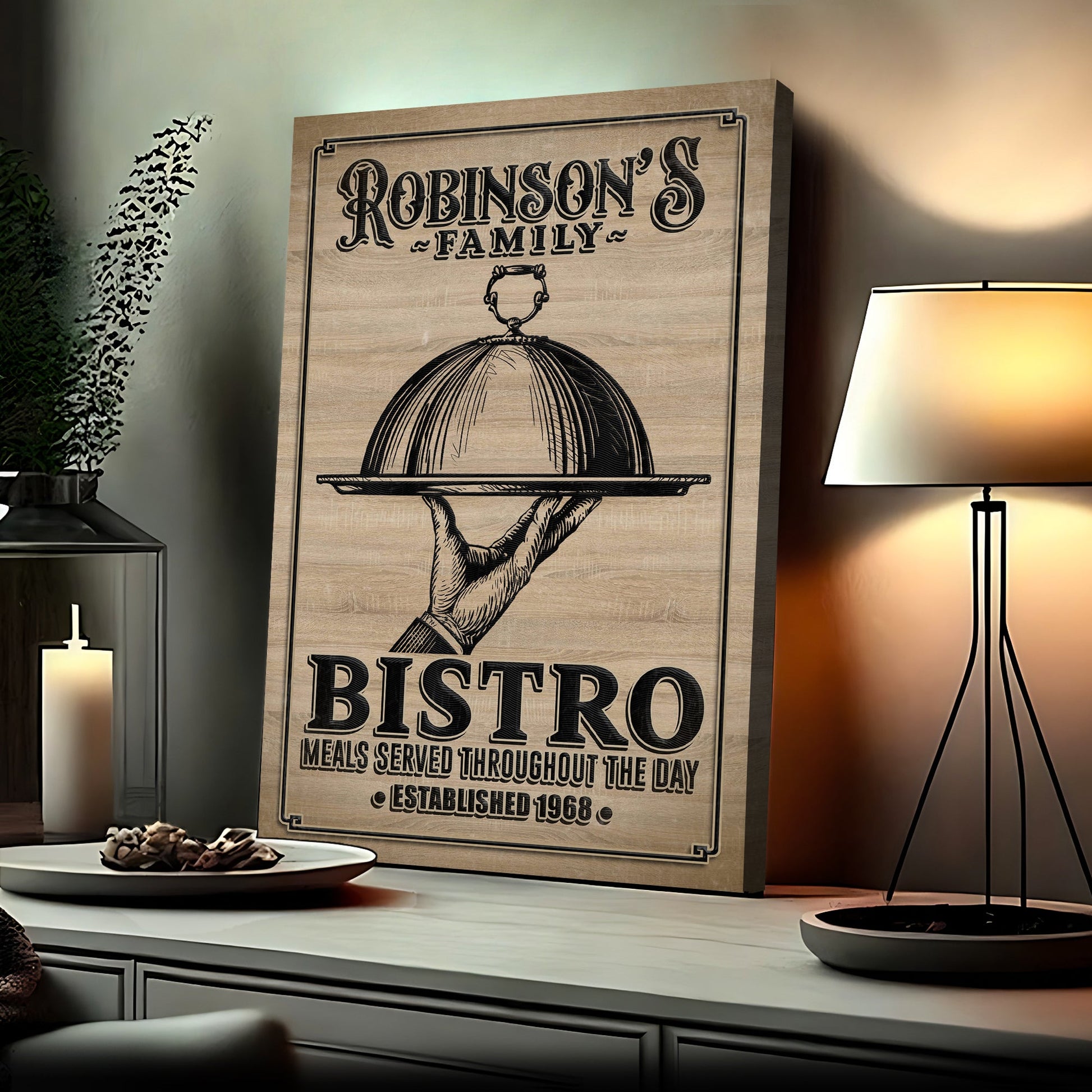 Family bistro canvas wall art sign with vintage-style typography and dining scene