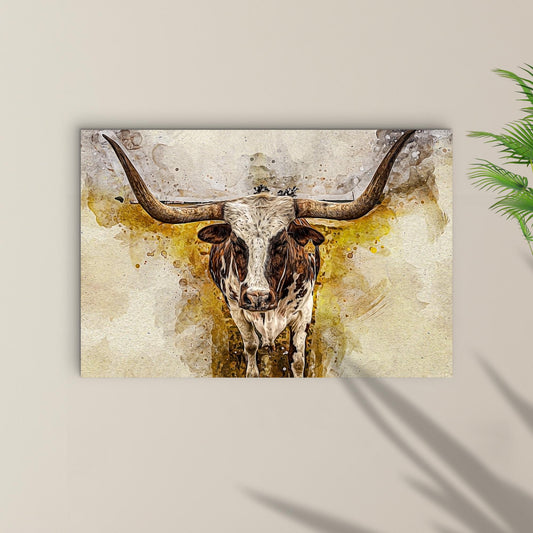 Texas Longhorn watercolor canvas wall art with rustic Western style
