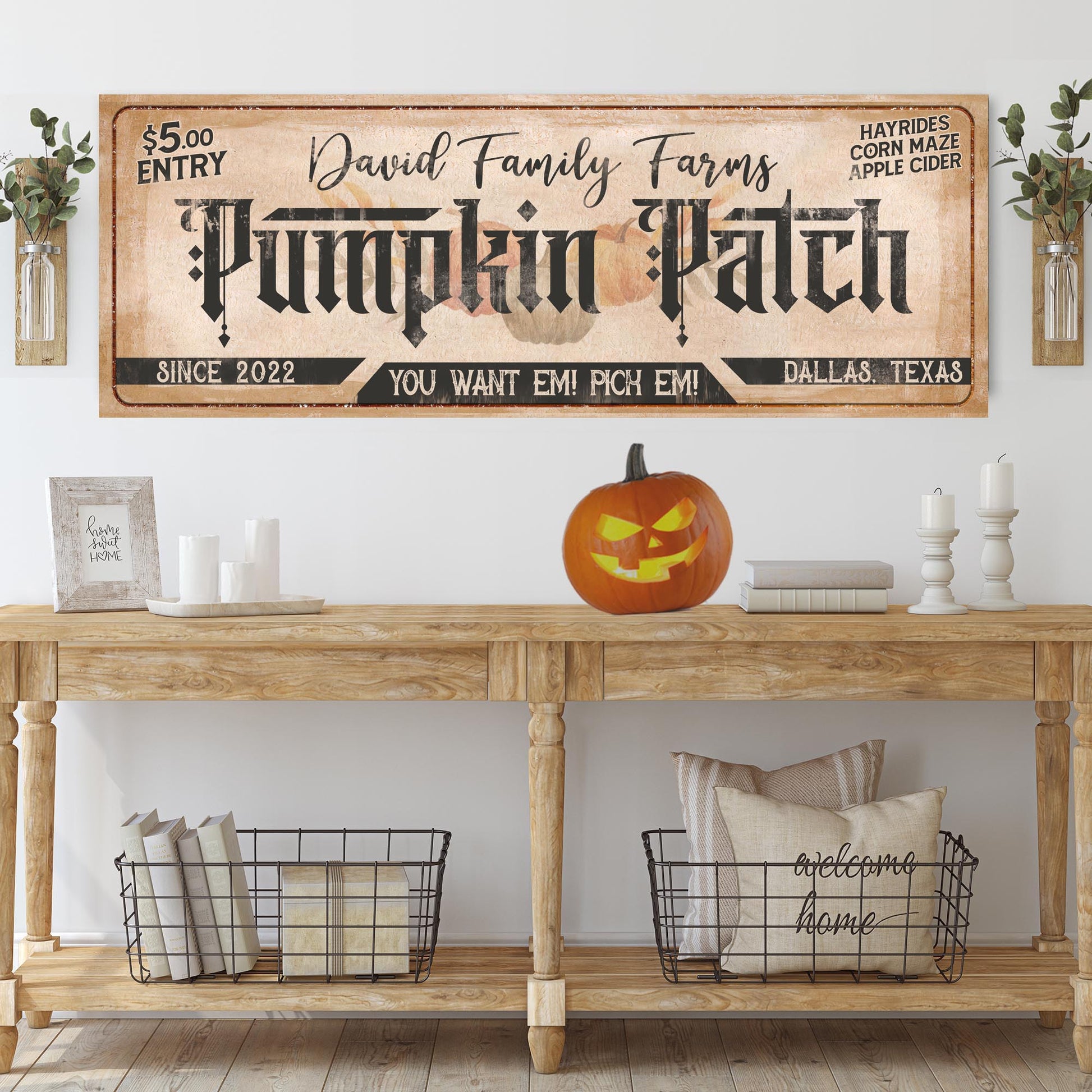 Family farms pumpkin patch canvas wall art sign II with autumn harvest typography