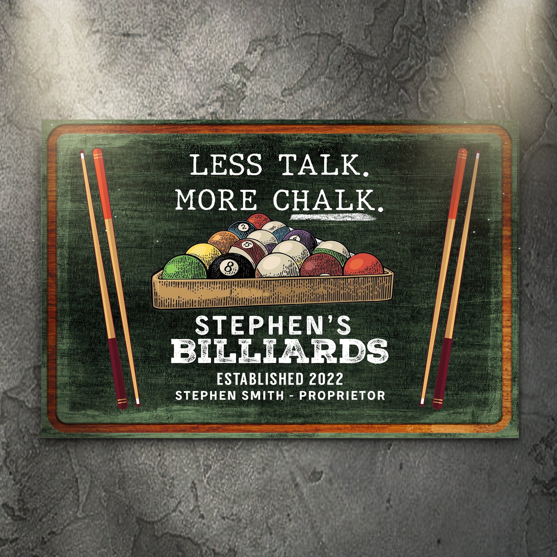 Less talk more chalk personalized billiards canvas sign with rustic word-art design