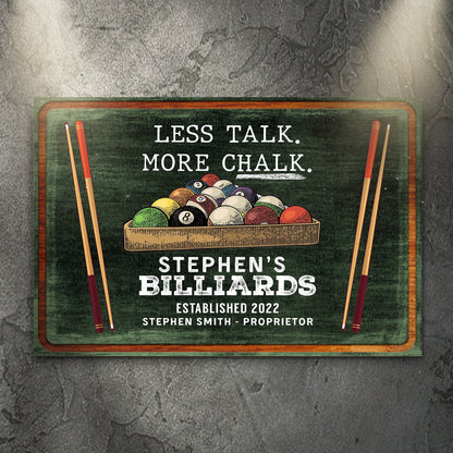 Less talk more chalk personalized billiards canvas sign with rustic word-art design