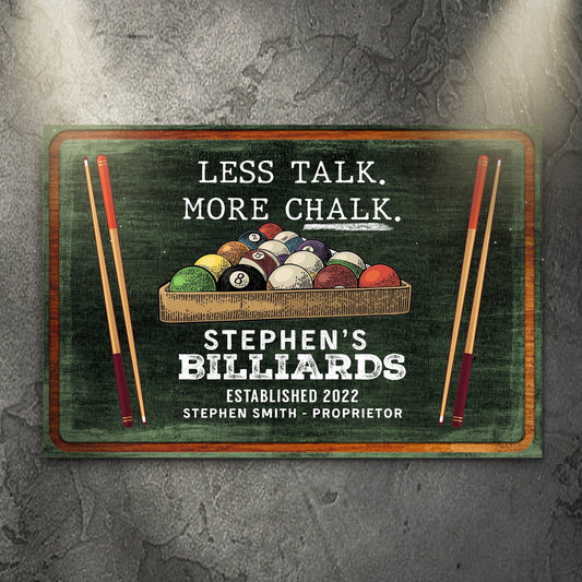 Less talk more chalk personalized billiards canvas sign with rustic word-art design