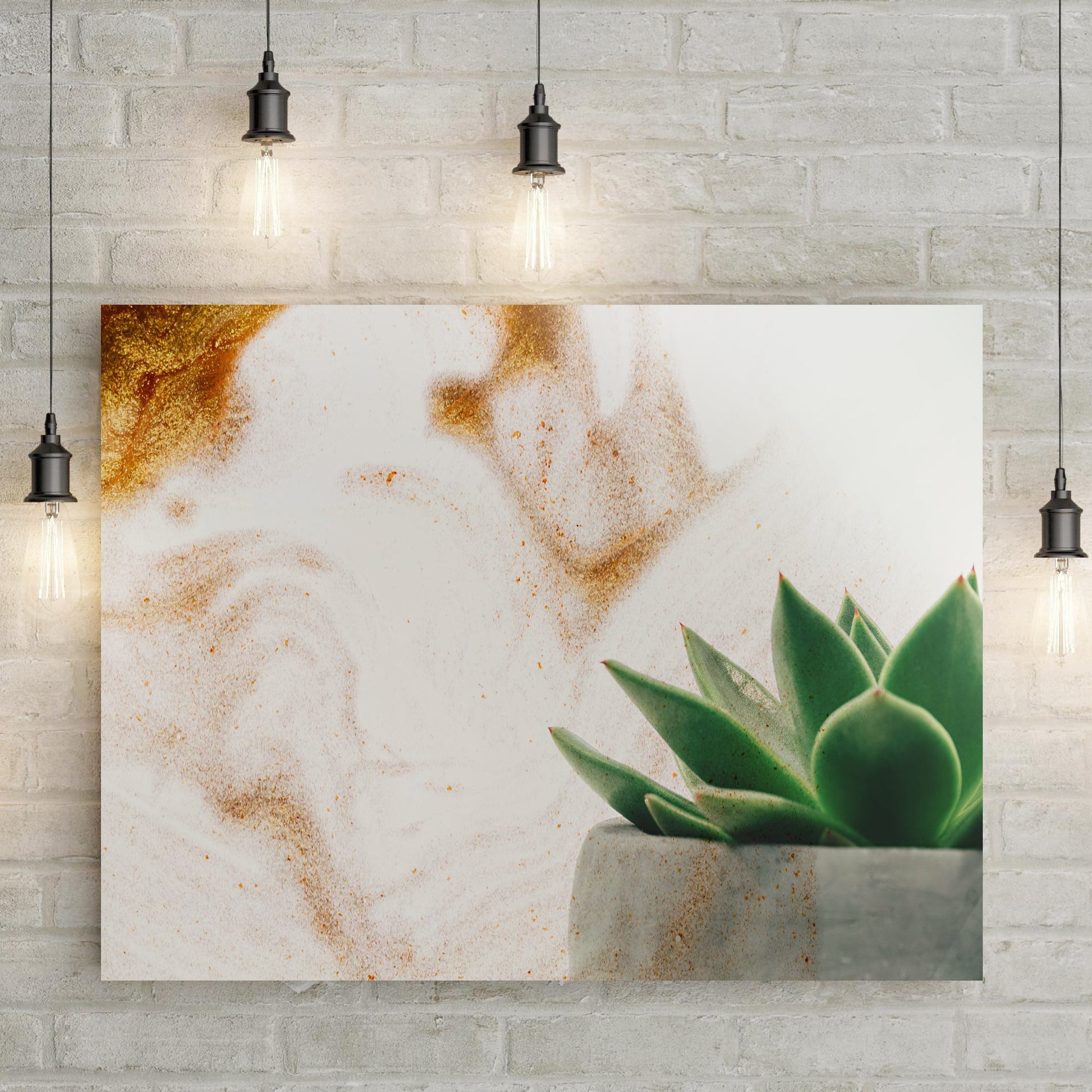 Green succulents in a stone pot canvas wall art