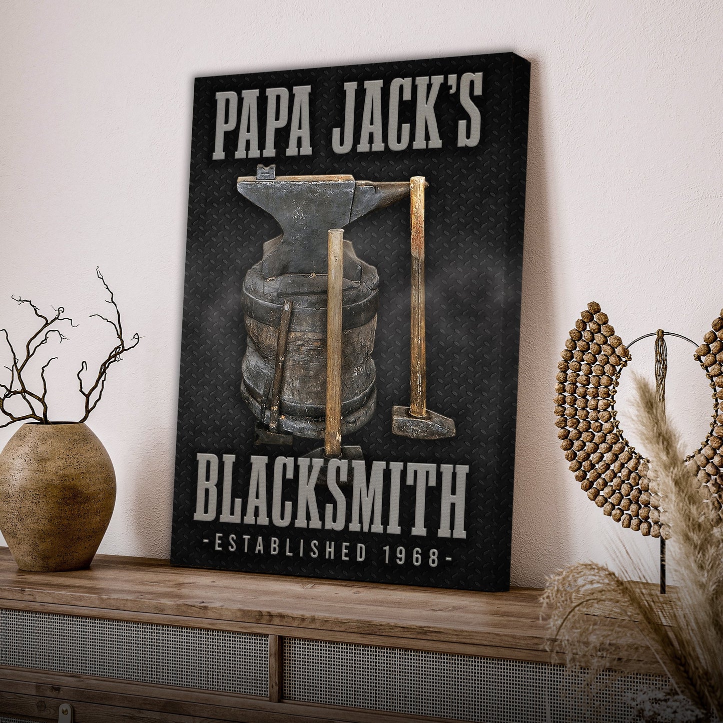 Blacksmith craftsman canvas wall art with detailed forging workshop illustration