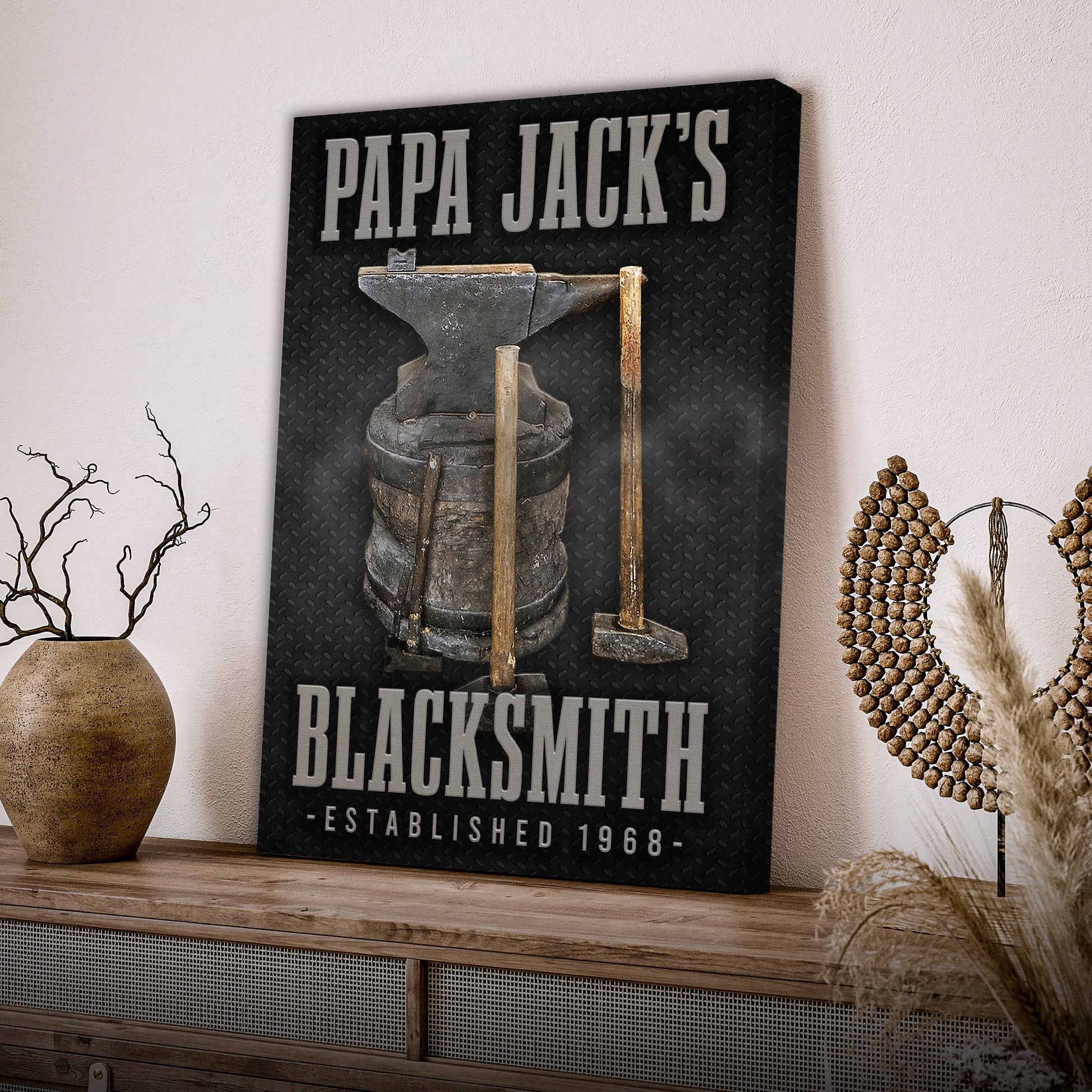 Blacksmith craftsman canvas wall art with detailed forging workshop illustration