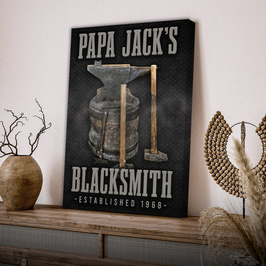 Blacksmith craftsman canvas wall art with detailed forging workshop illustration