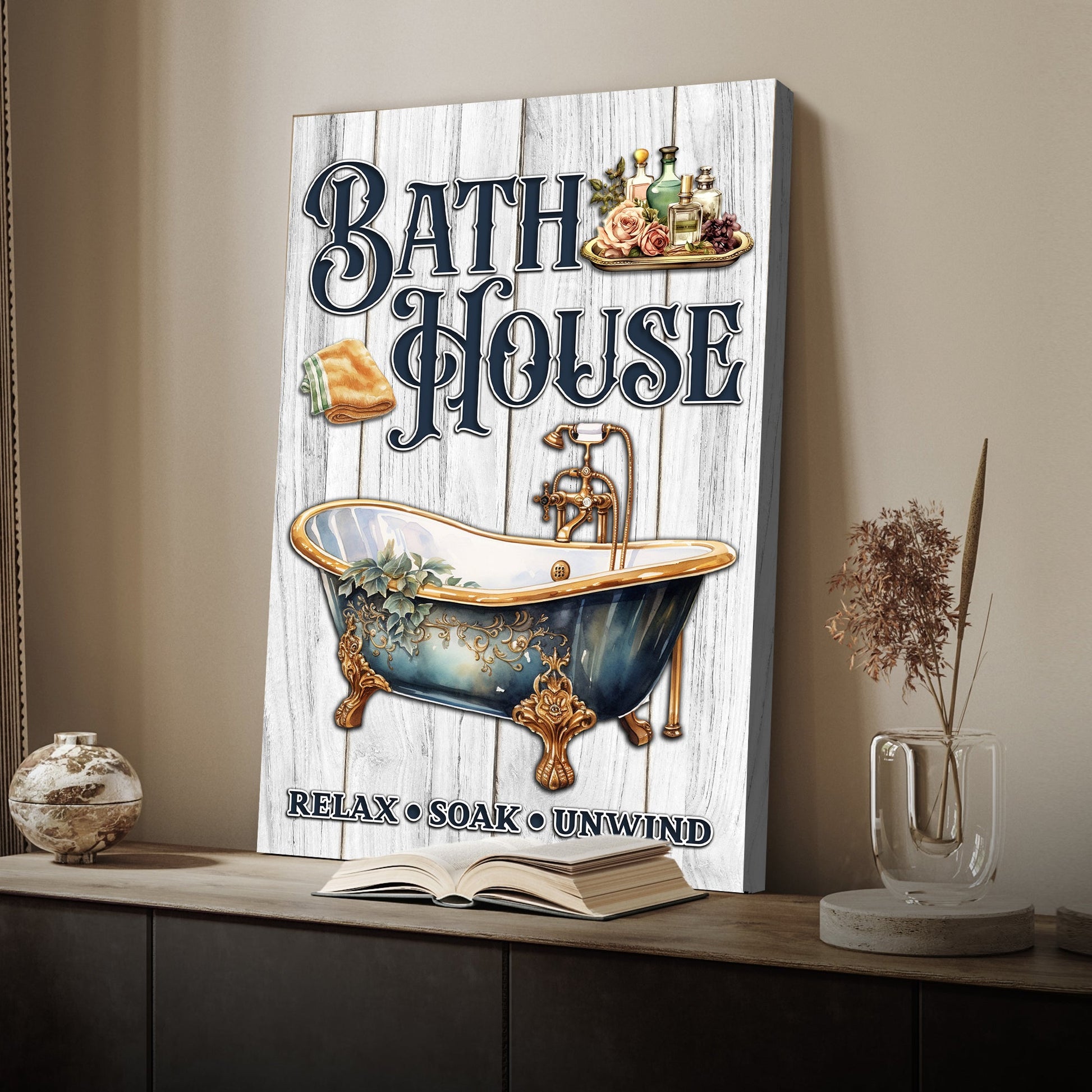 Relax Soak Unwind bath house canvas sign, soothing typography for bathroom wall art
